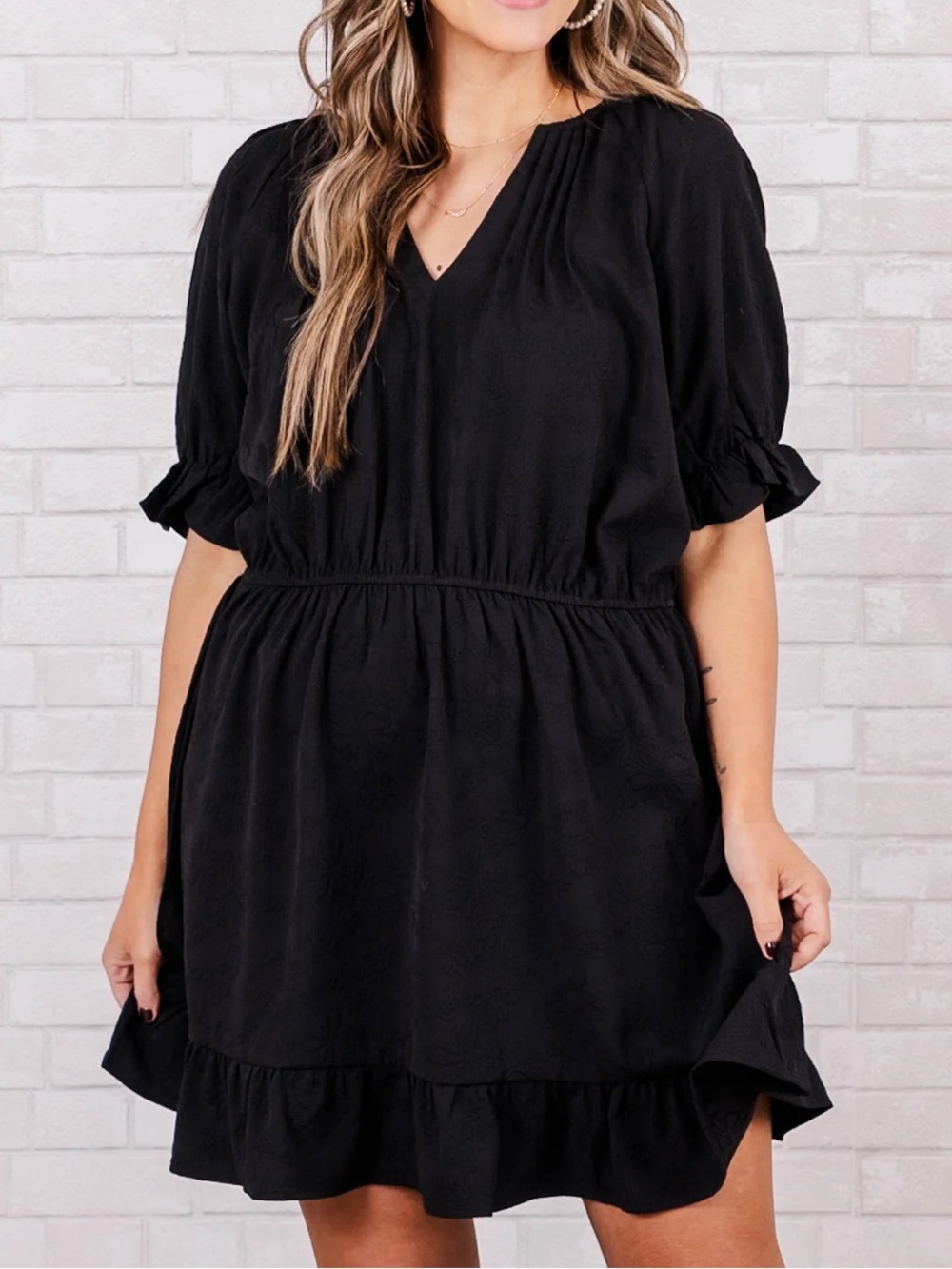 Women's Black V-Neck Ruffle Mini Dress - Picture 1 of 4